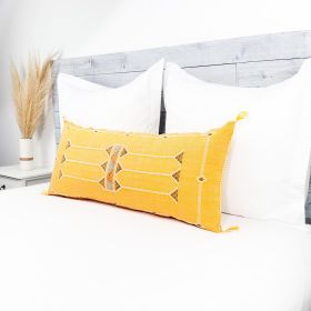 Moroccan Handwoven Cactus Silk Lumbar Pillow 14 x 36 Embroidered cushion - Yellow Canary