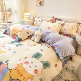 Winter Milk Four-piece Set Thickened Coral Velvet Double-sided (Option: Rainbow Rabbit-1.8m fitted sheet)