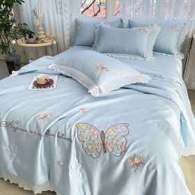 Korean Ice Silk Summer Quilt Four-piece Set Embroidery Lace Air Conditioning Cool Feeling Thin Duvet (Option: Butterfly Love Sky Blue-200x230cm Quilt)